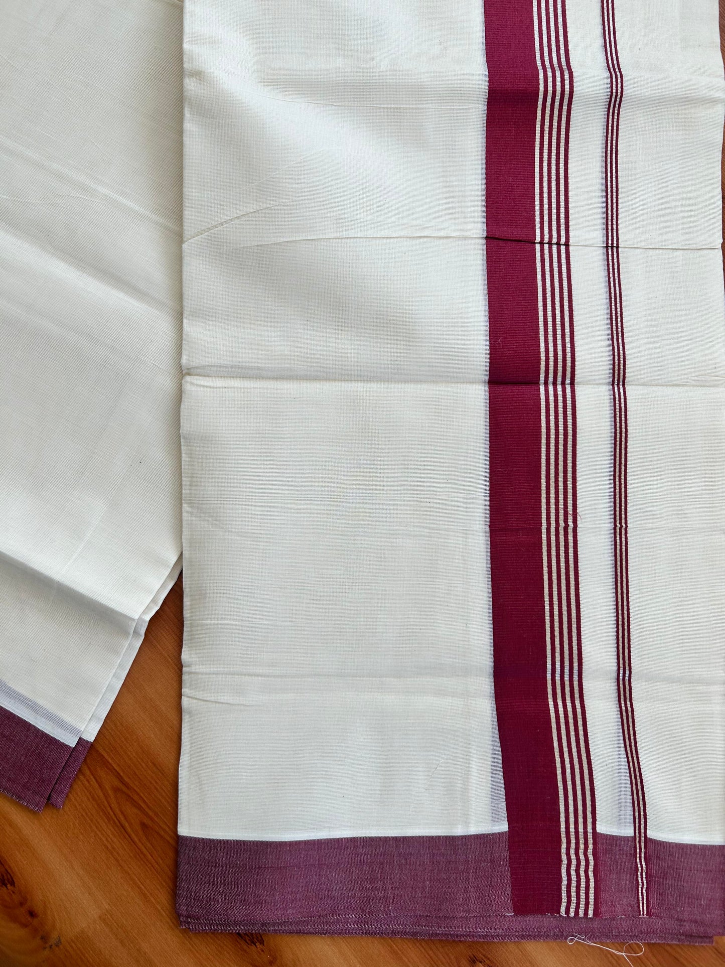 Double Off White  Mundu/Dhoti- 20% Discount! KaithariKada Balaramapuram Pure Cotton - 80s - 1.5 inch Silver Kasav Striped & Maroon Kara - 4mtr (8.5muzham) - 6 KK5422 VAS