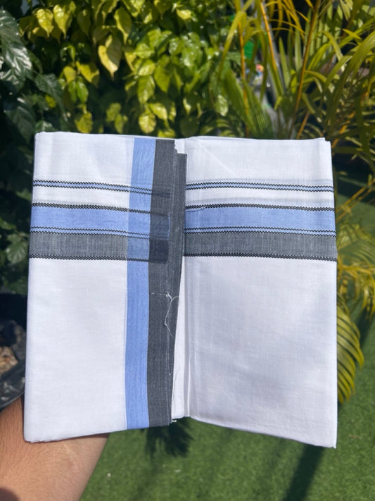 28% DISCOUNT! KaithariKada Balaramapuram 100% Cotton PURE WHITE Double Mundu/Dhoti-100x80- 2.5 inch Blue & Black shaded designer kara - 1KK5134THI