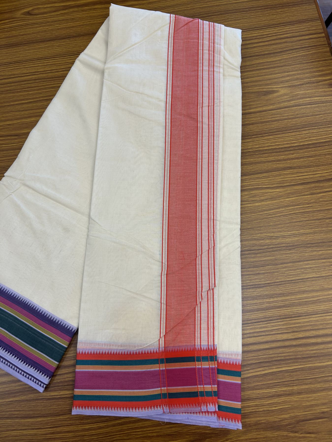 Panchakacham Dhoti - 37% Discount! Kaitharikada 100% Cotton Off White - (Unbleached) - Pure Cotton -100x100 thread - North Indian - Attached Gamcha - 9X5 - Dhoti Red Pink kara with Multi colour Striped border - 20 KK5323 PMC