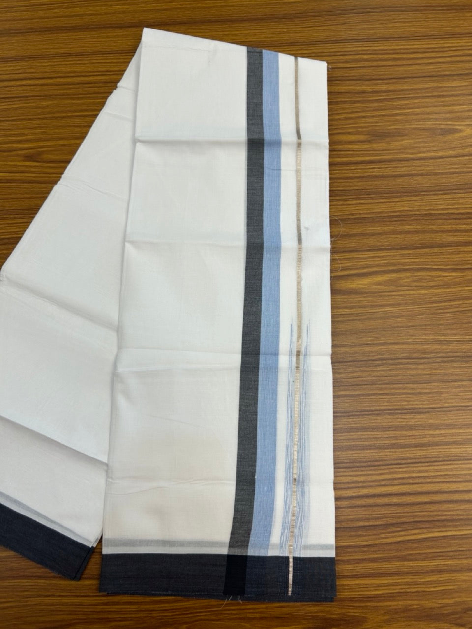 20% Discount ! KaithariKada Balaramapuram 100% Cotton Pure white Double Mundu/Dhoti - (100x80)s - 1.75 inch Silver Kasav Light Blue & Black Stripes Chutty Kara 3.90 mtr (8 muzham) - 37 KK5287 PMC