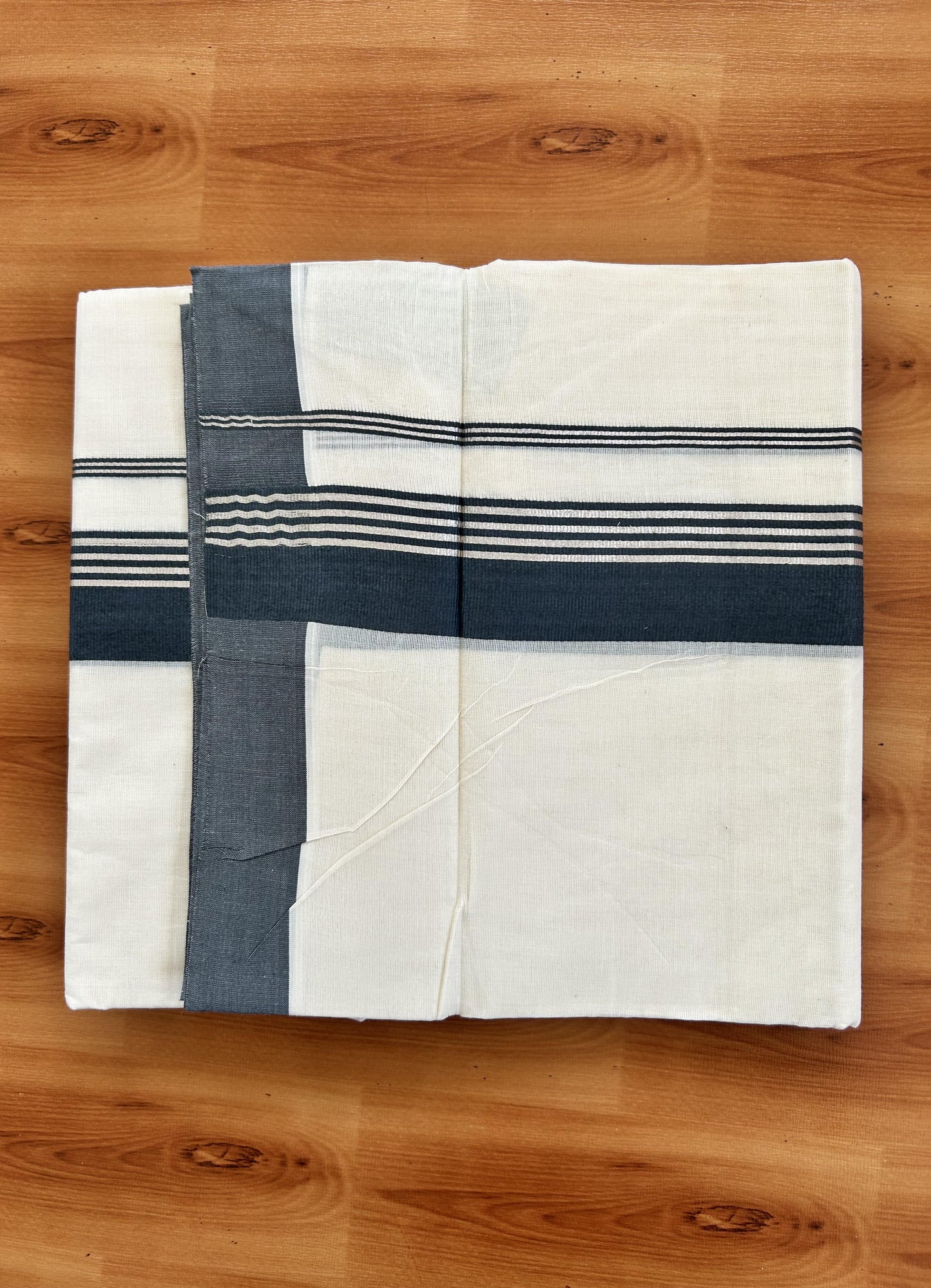 Double Off White  Mundu/Dhoti- 20% Discount! KaithariKada Balaramapuram Pure Cotton - 80s - 1.5 inch Silver Kasav Striped & Charcoal Grey Kara - 4mtr (8.5muzham) - 12 KK5422 VAS