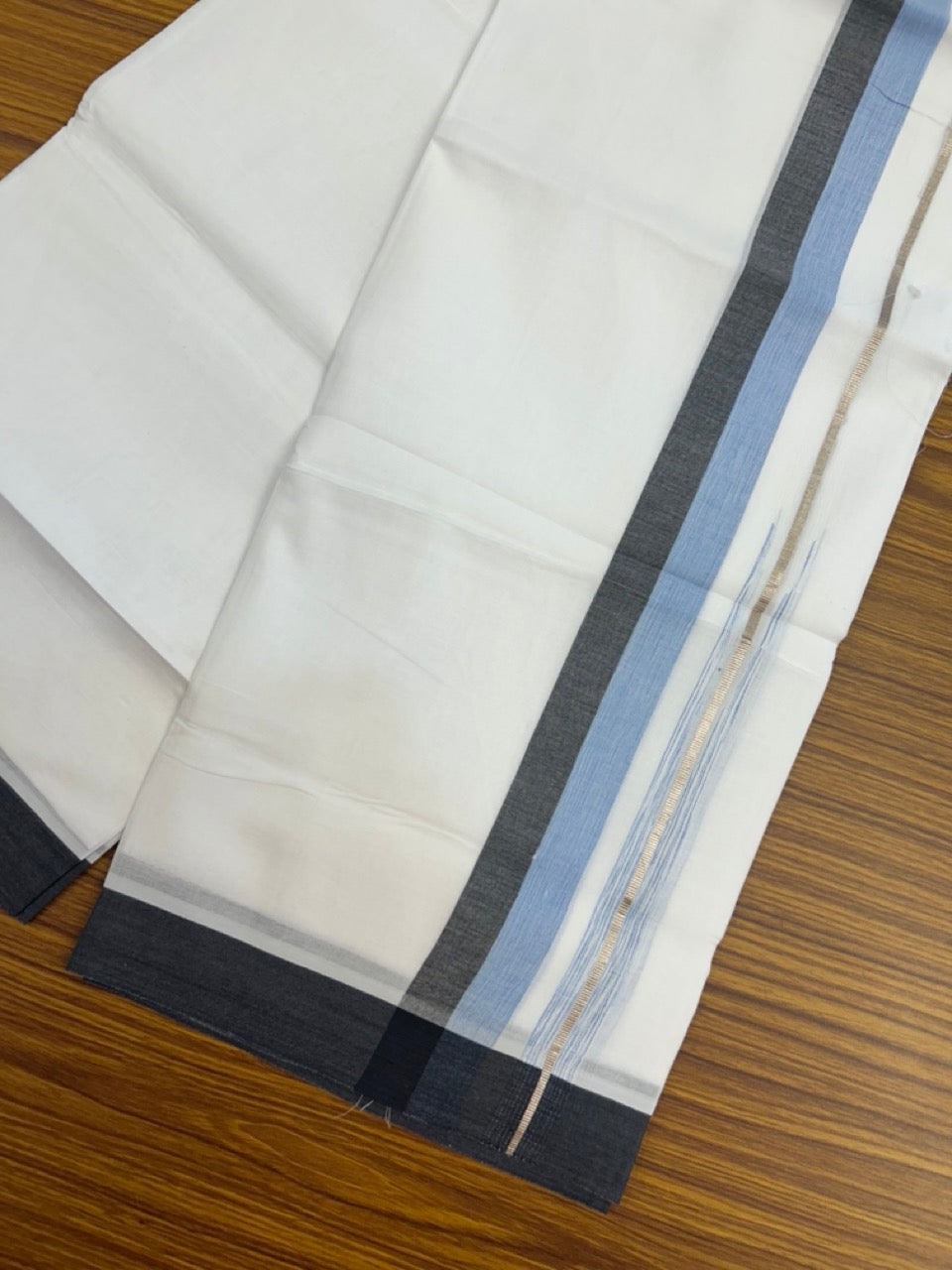 20% Discount ! KaithariKada Balaramapuram 100% Cotton Pure white Double Mundu/Dhoti - (100x80)s - 1.75 inch Silver Kasav Light Blue & Black Stripes Chutty Kara 3.90 mtr (8 muzham) - 37 KK5287 PMC