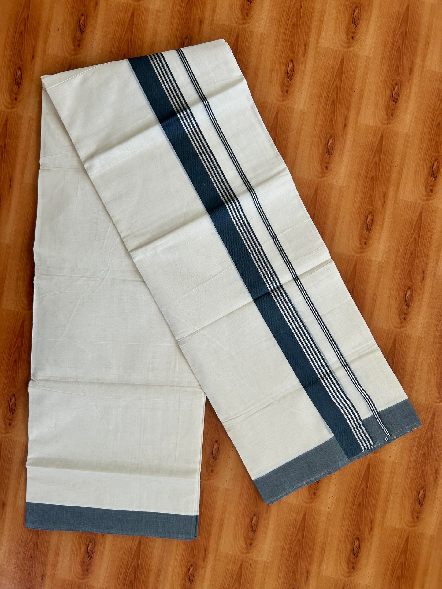 Double Off White  Mundu/Dhoti- 20% Discount! KaithariKada Balaramapuram Pure Cotton - 80s - 1.5 inch Silver Kasav Striped & Charcoal Grey Kara - 4mtr (8.5muzham) - 12 KK5422 VAS