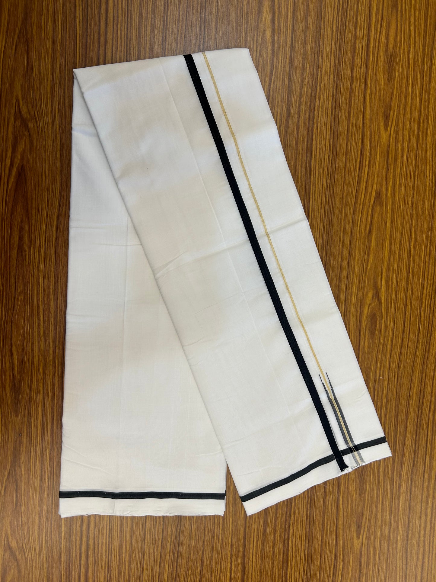 25% Discount!! New Ultra Pure White Thread Handloom - Kerala Handloom - 100% Mercerised Cotton Double Mundu/Dhoti - 120 twisted warp x 80s weft - 1 cm Pure Jerry Gold Kasav & Black Puliyilakkara Chutty 3.80 mtr ( 8 Muzham) - 71 KK5353 REA