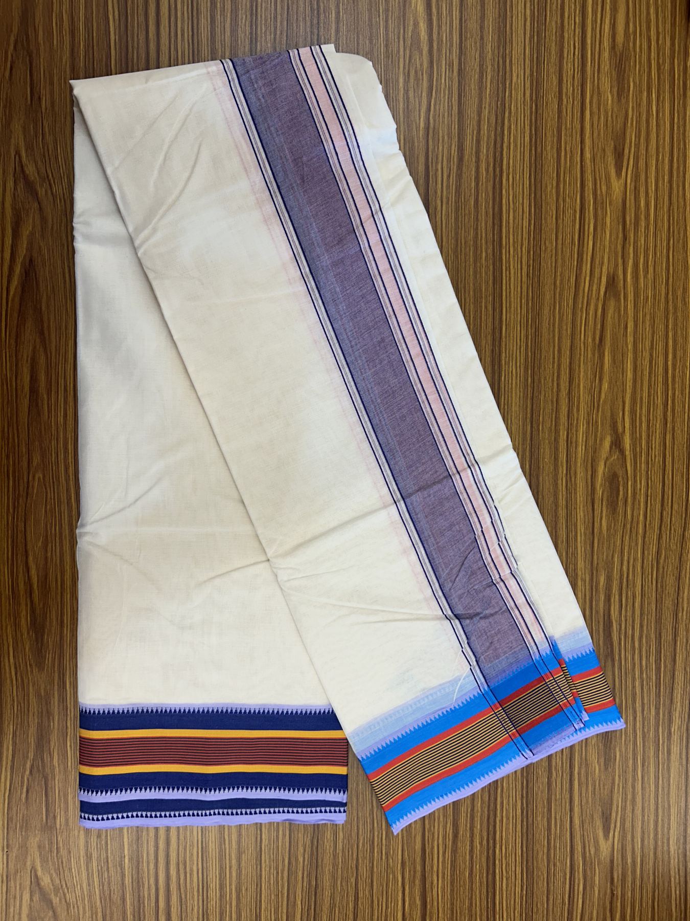 Panchakacham Dhoti - 37% Discount! Kaitharikada 100% Cotton Off White (Unbleached) - Pure Cotton - 100x100 thread - North Indian Attached Gamcha - 9X5 - Dhoti Violet Red kara with Multi colour Striped border - 21 KK5323 PMC