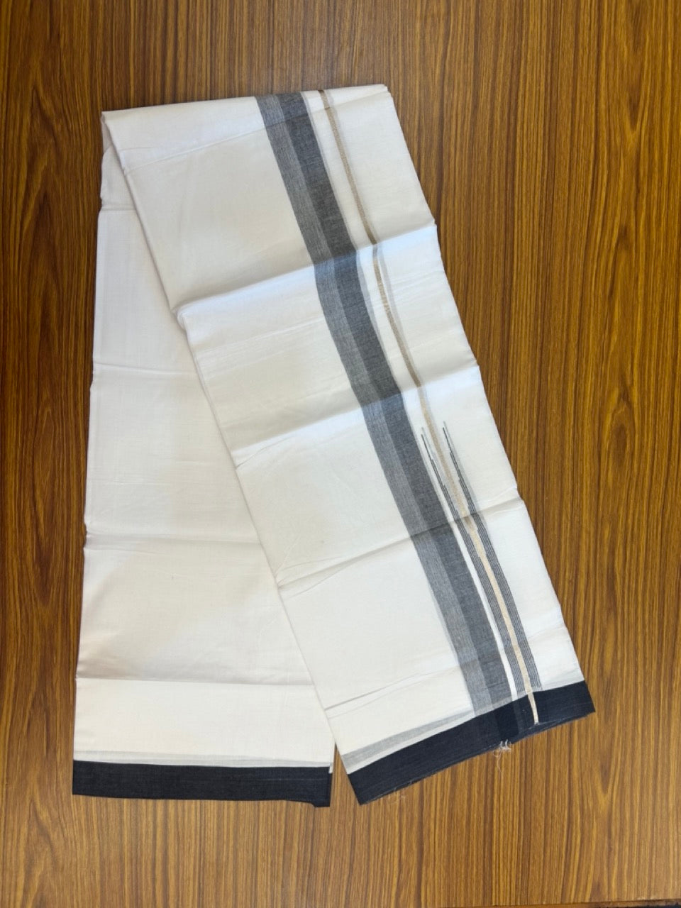 20% Discount ! KaithariKada Balaramapuram 100% Cotton Pure white Double Mundu/Dhoti - (100x80)s - 1.5 inch Silver Kasav & Black Stripes Chutty Kara 3.90 mtr (8 muzham) - 31 KK5287 PMC