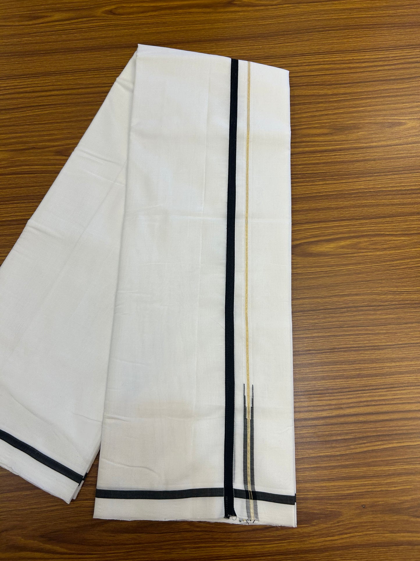 25% Discount!! New Ultra Pure White Thread Handloom - Kerala Handloom - 100% Mercerised Cotton Double Mundu/Dhoti - 120 twisted warp x 80s weft - 1 cm Pure Jerry Gold Kasav & Black Puliyilakkara Chutty 3.80 mtr ( 8 Muzham) - 71 KK5353 REA
