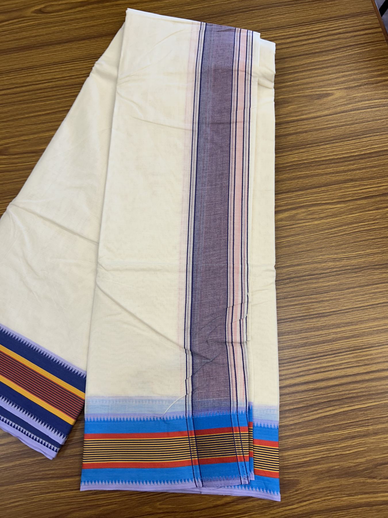Panchakacham Dhoti - 37% Discount! Kaitharikada 100% Cotton Off White (Unbleached) - Pure Cotton - 100x100 thread - North Indian Attached Gamcha - 9X5 - Dhoti Violet Red kara with Multi colour Striped border - 21 KK5323 PMC