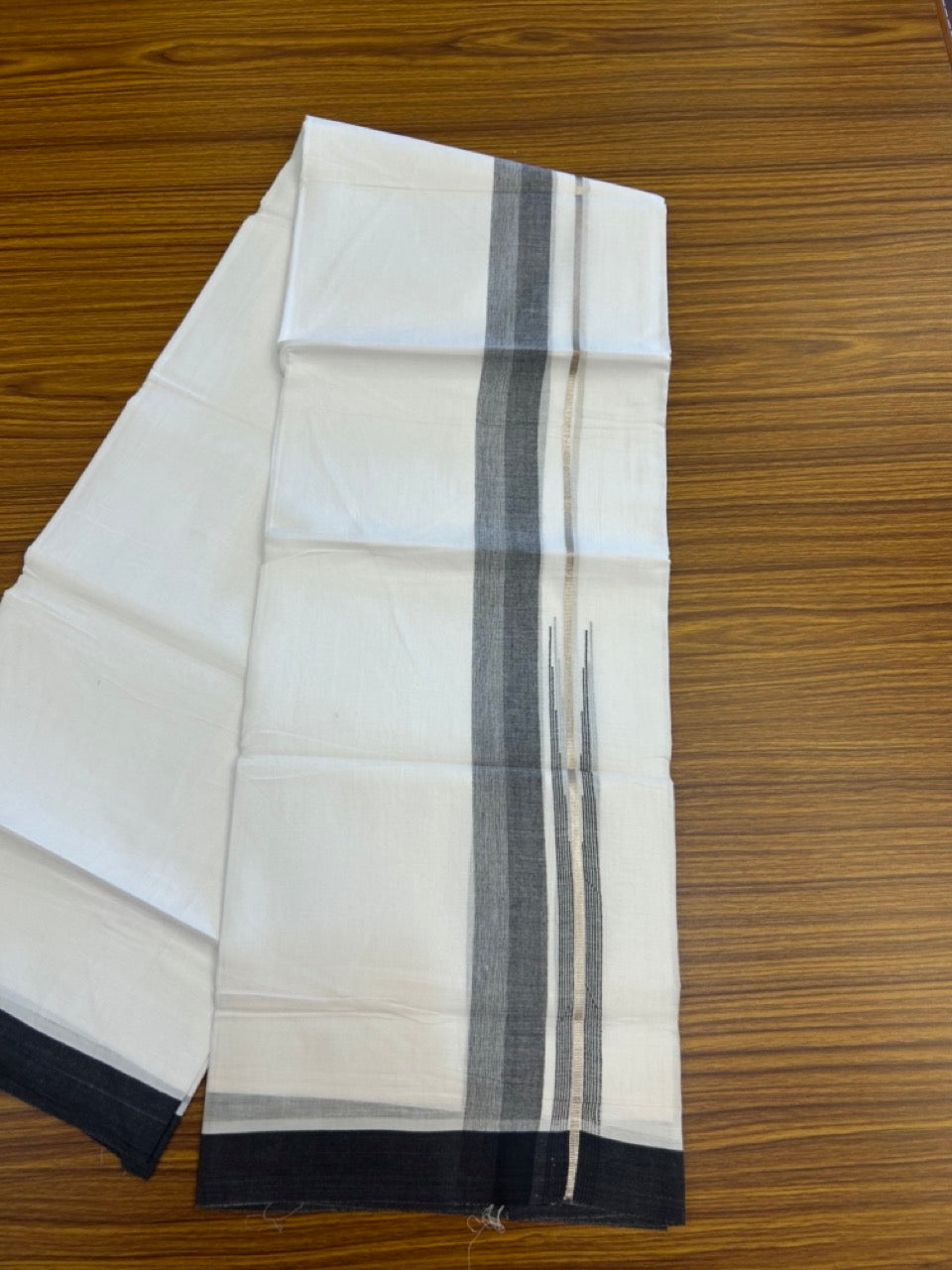 20% Discount ! KaithariKada Balaramapuram 100% Cotton Pure white Double Mundu/Dhoti - (100x80)s - 1.5 inch Silver Kasav & Black Stripes Chutty Kara 3.90 mtr (8 muzham) - 31 KK5287 PMC