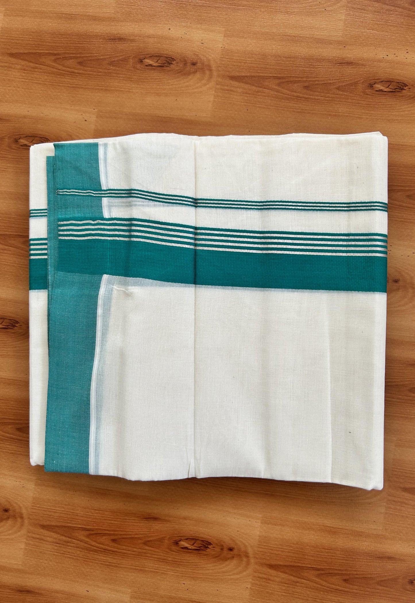 Double Off White  Mundu/Dhoti- 20% Discount! KaithariKada Balaramapuram Pure Cotton - 80s - 2 inch Silver Kasav Striped & Light Green Kara - 4mtr (8.5muzham) - 9 KK5422 VAS