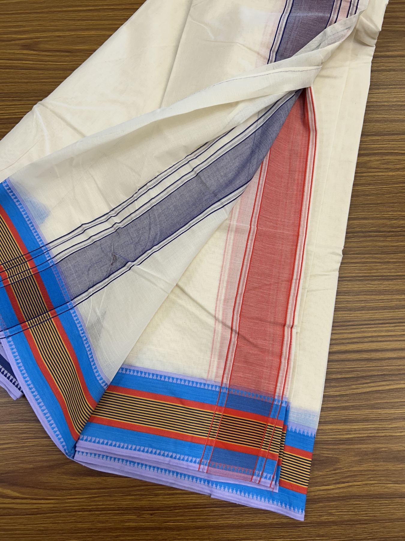 Panchakacham Dhoti - 37% Discount! Kaitharikada 100% Cotton Off White (Unbleached) - Pure Cotton - 100x100 thread - North Indian Attached Gamcha - 9X5 - Dhoti Violet Red kara with Multi colour Striped border - 21 KK5323 PMC