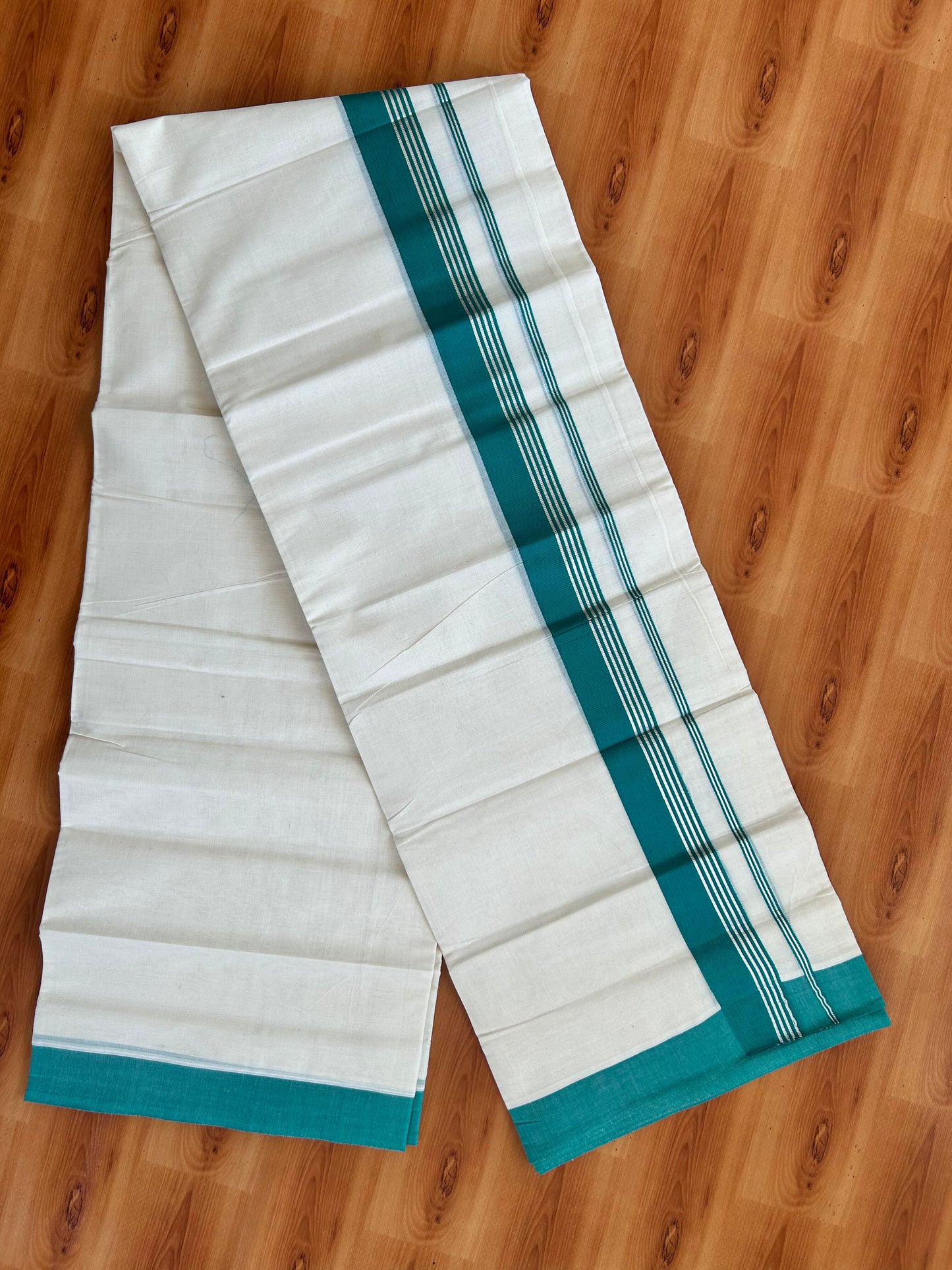 Double Off White  Mundu/Dhoti- 20% Discount! KaithariKada Balaramapuram Pure Cotton - 80s - 2 inch Silver Kasav Striped & Light Green Kara - 4mtr (8.5muzham) - 9 KK5422 VAS