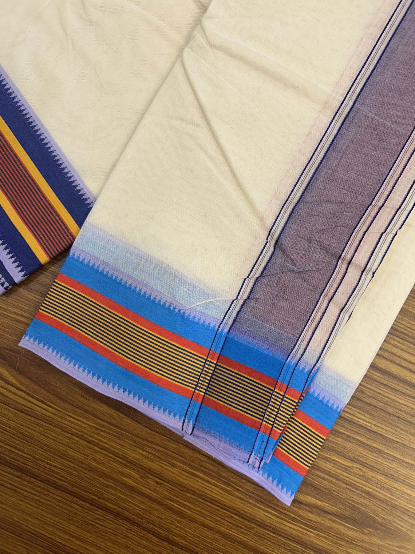 Panchakacham Dhoti - 37% Discount! Kaitharikada 100% Cotton Off White (Unbleached) - Pure Cotton - 100x100 thread - North Indian Attached Gamcha - 9X5 - Dhoti Violet Red kara with Multi colour Striped border - 21 KK5323 PMC