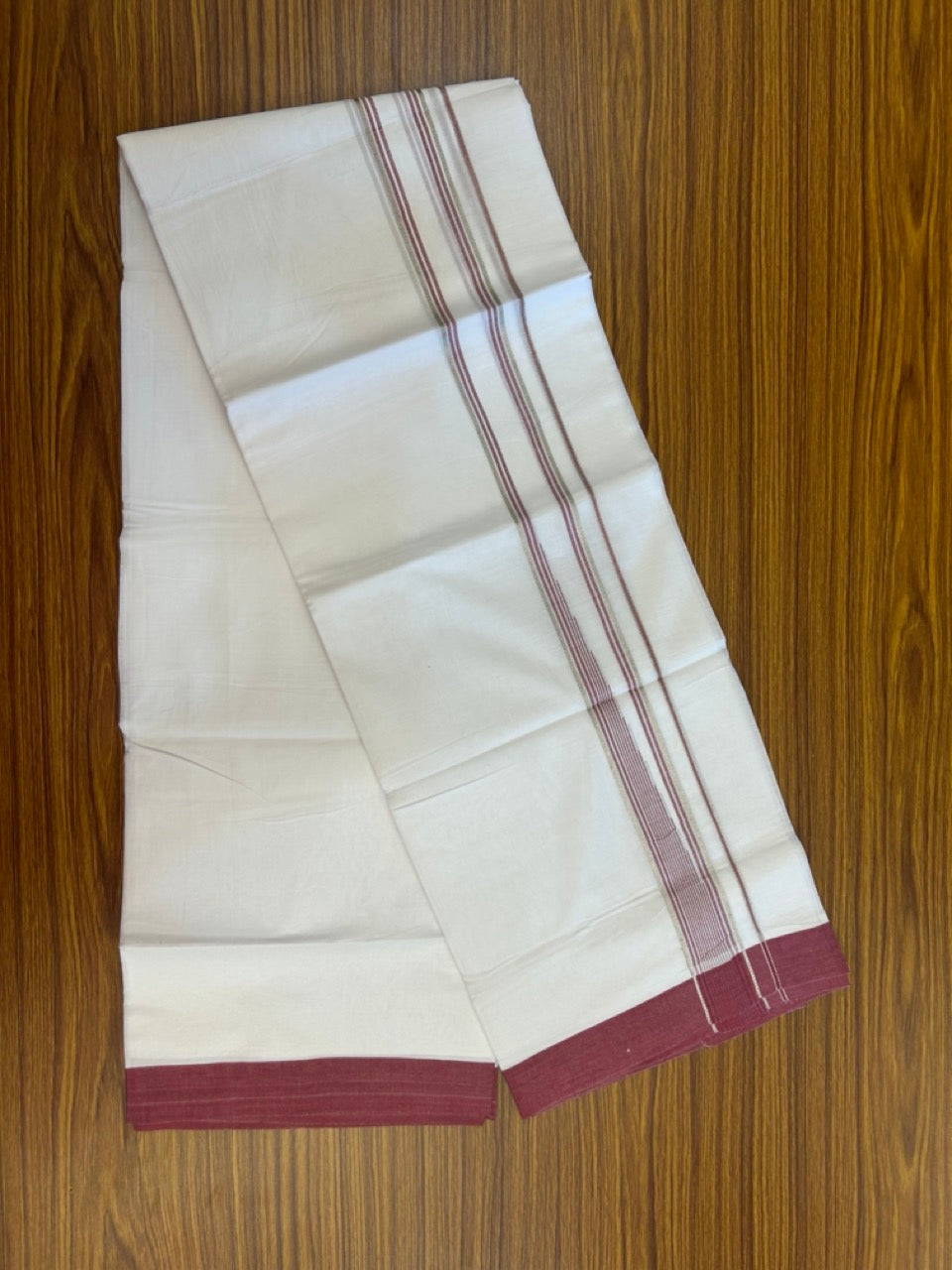 20% Discount ! KaithariKada Balaramapuram 100% Cotton Pure white Double Mundu/Dhoti - (100x80)s - 1.5 inch Silver Kasav & Light Maroon Stripes Chutty Kara 3.90 mtr (8 muzham) - 32 KK5287 PMC