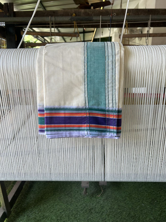 Panchakacham Dhoti - 20% Discount! KaithariKada 100% Cotton Off White - (Unbleached) - Pure Cotton -100x100 thread - North Indian - Attached Gamcha 9X5 Dhoti Violet kara with Violet Green & Orange Striped border - 19 KK5323 PMC