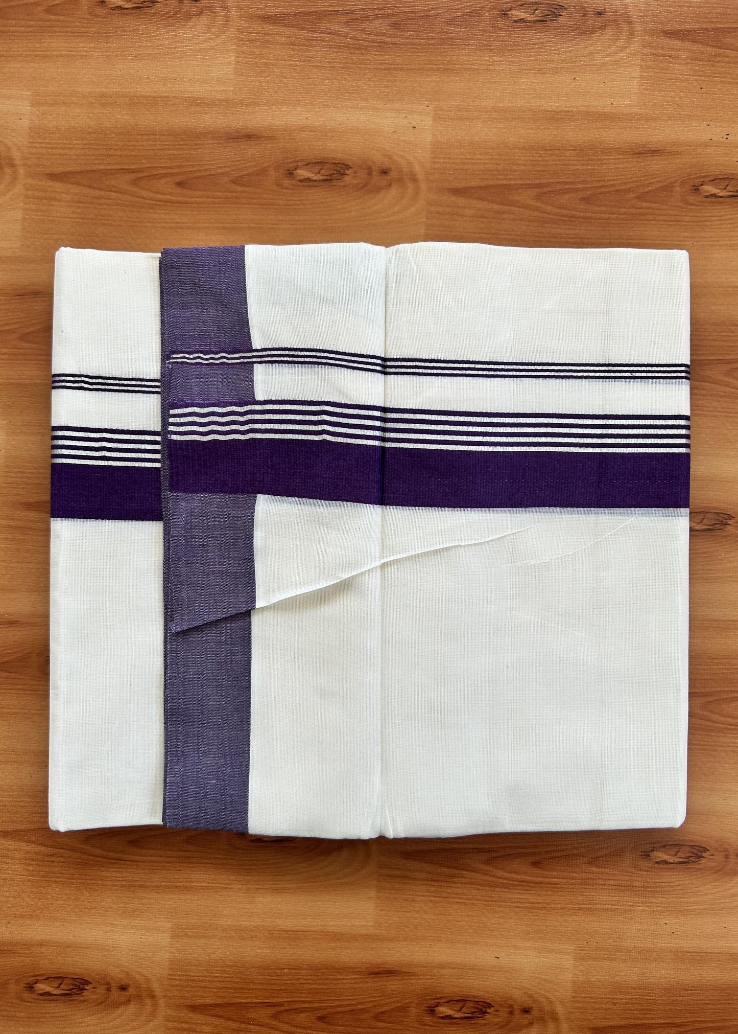 Double Off White  Mundu/Dhoti- 20% Discount! KaithariKada Balaramapuram Pure Cotton - 80s - 1.5 inch Silver Kasav Striped & Dark Violet Kara - 4mtr (8.5muzham) - 3 KK5422 VAS