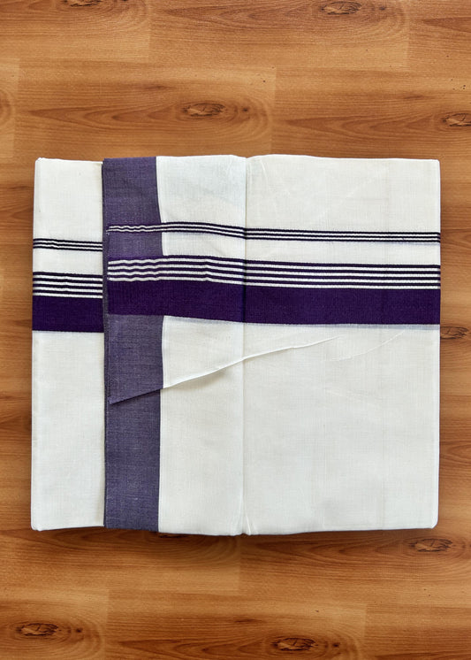 Double Off White  Mundu/Dhoti- 20% Discount! KaithariKada Balaramapuram Pure Cotton - 80s - 1.5 inch Silver Kasav Striped & Dark Violet Kara - 4mtr (8.5muzham) - 3 KK5422 VAS