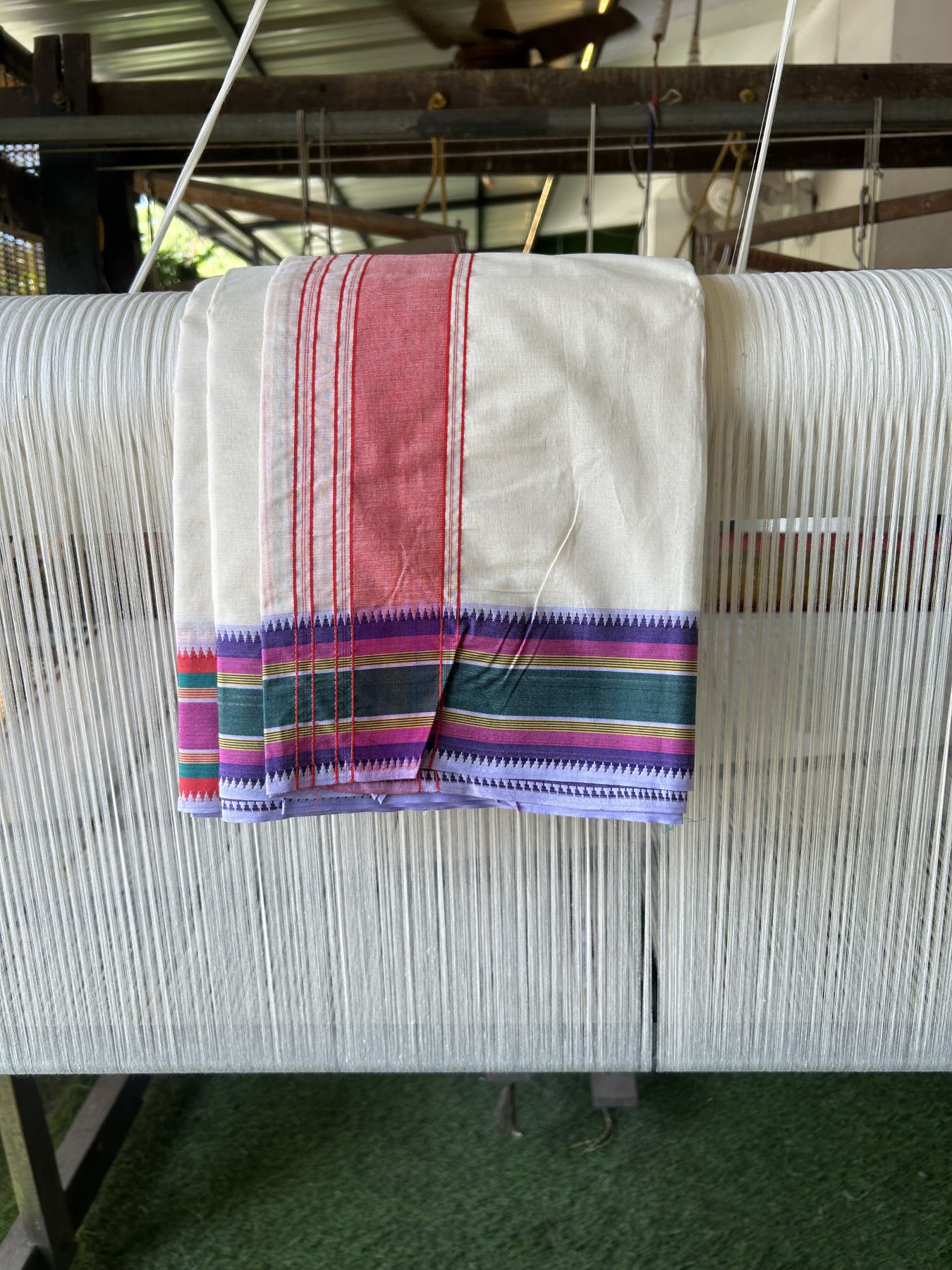 Panchakacham Dhoti - 37% Discount! Kaitharikada 100% Cotton Off White - (Unbleached) - Pure Cotton -100x100 thread - North Indian - Attached Gamcha - 9X5 - Dhoti Red Pink kara with Multi colour Striped border - 20 KK5323 PMC