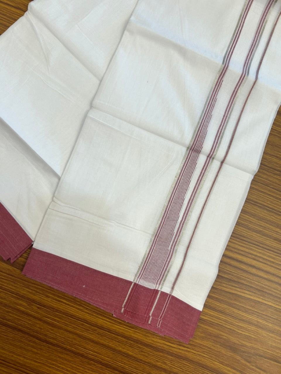 20% Discount ! KaithariKada Balaramapuram 100% Cotton Pure white Double Mundu/Dhoti - (100x80)s - 1.5 inch Silver Kasav & Light Maroon Stripes Chutty Kara 3.90 mtr (8 muzham) - 32 KK5287 PMC