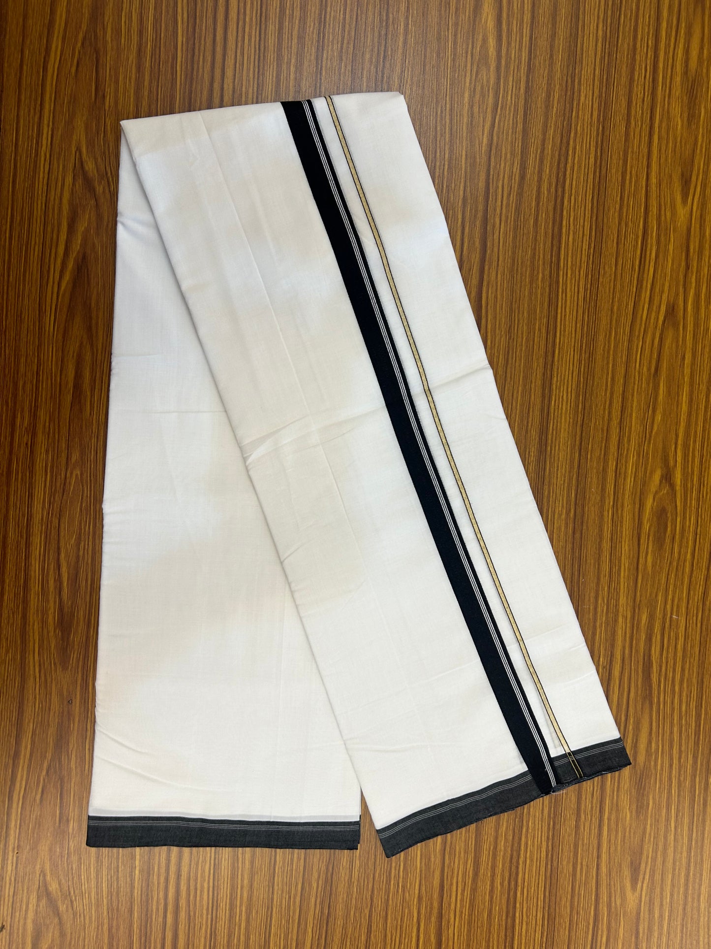 25% Discount!! New Ultra Pure White Thread Handloom - Kerala Handloom - 100% Mercerised Cotton Double Mundu/Dhoti - 120 twisted warp x 80s weft - 1 inch Pure Jerry Gold Kasav & Black Stripes Kara - 70 KK5353 REA