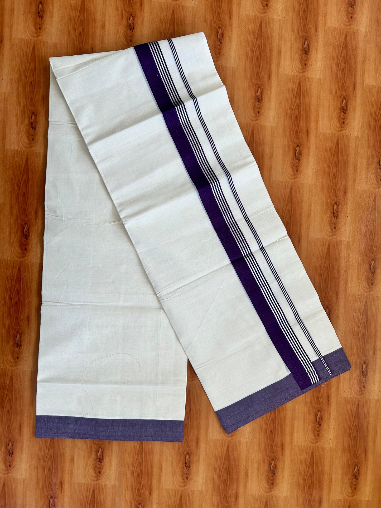 Double Off White  Mundu/Dhoti- 20% Discount! KaithariKada Balaramapuram Pure Cotton - 80s - 1.5 inch Silver Kasav Striped & Dark Violet Kara - 4mtr (8.5muzham) - 3 KK5422 VAS