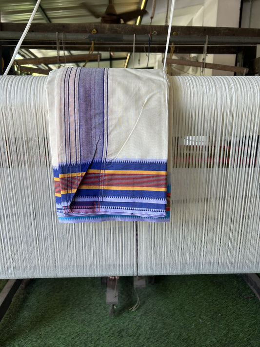 Panchakacham Dhoti - 37% Discount! Kaitharikada 100% Cotton Off White (Unbleached) - Pure Cotton - 100x100 thread - North Indian Attached Gamcha - 9X5 - Dhoti Violet Red kara with Multi colour Striped border - 21 KK5323 PMC