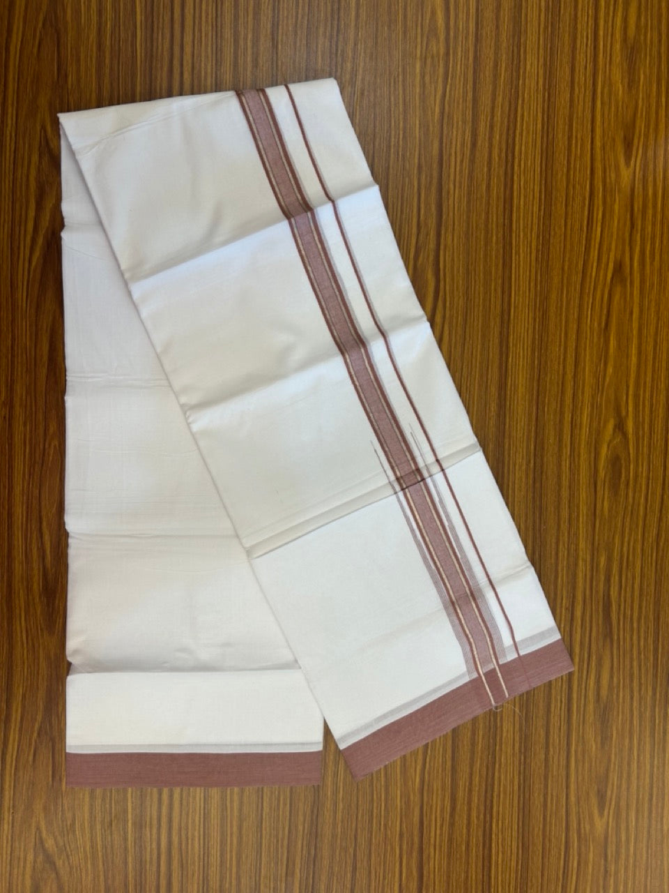 20% Discount ! KaithariKada Balaramapuram 100% Cotton Pure white Double Mundu/Dhoti - (100x80)s - 1.5 inch Silver Kasav Dark Dusty Peach Stripes Chutty Kara 3.90 mtr (8 muzham) - 38 KK5287 PMC