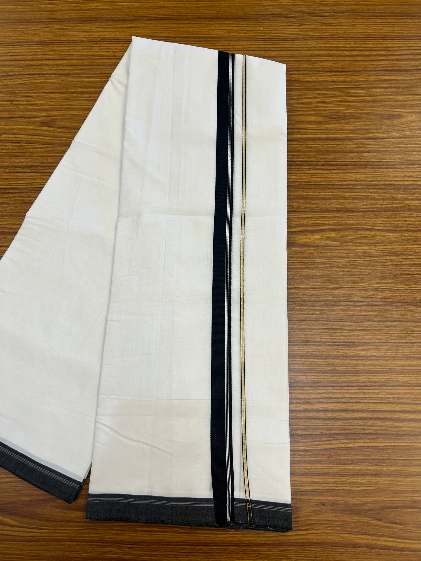 25% Discount!! New Ultra Pure White Thread Handloom - Kerala Handloom - 100% Mercerised Cotton Double Mundu/Dhoti - 120 twisted warp x 80s weft - 1 inch Pure Jerry Gold Kasav & Black Stripes Kara - 70 KK5353 REA