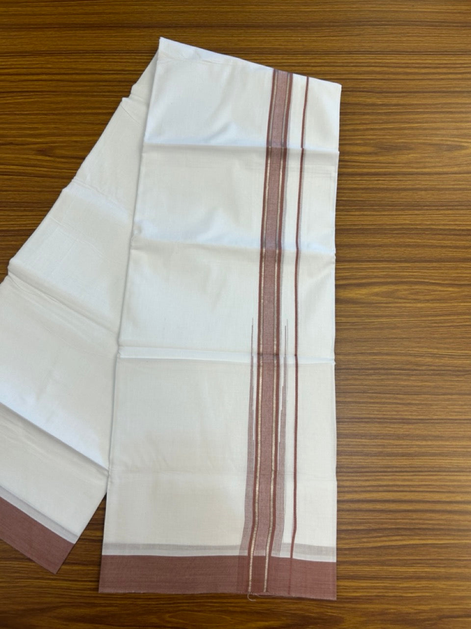 20% Discount ! KaithariKada Balaramapuram 100% Cotton Pure white Double Mundu/Dhoti - (100x80)s - 1.5 inch Silver Kasav Dark Dusty Peach Stripes Chutty Kara 3.90 mtr (8 muzham) - 38 KK5287 PMC