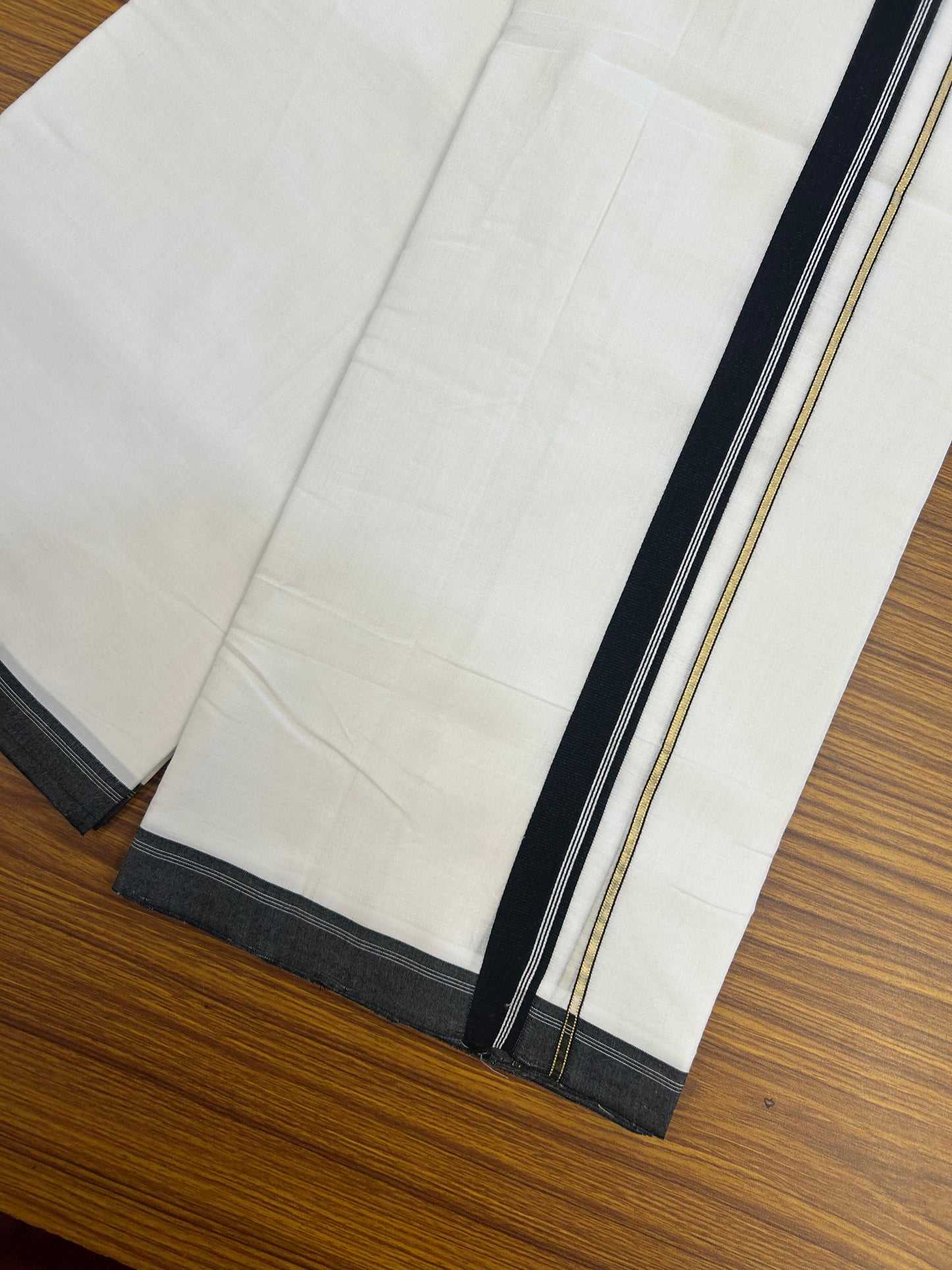 25% Discount!! New Ultra Pure White Thread Handloom - Kerala Handloom - 100% Mercerised Cotton Double Mundu/Dhoti - 120 twisted warp x 80s weft - 1 inch Pure Jerry Gold Kasav & Black Stripes Kara - 70 KK5353 REA