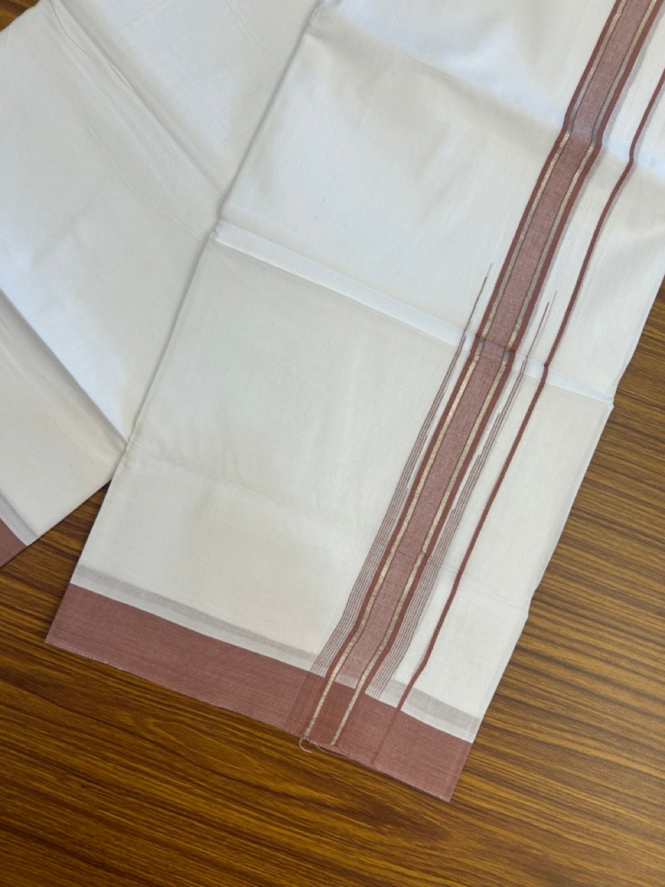 20% Discount ! KaithariKada Balaramapuram 100% Cotton Pure white Double Mundu/Dhoti - (100x80)s - 1.5 inch Silver Kasav Dark Dusty Peach Stripes Chutty Kara 3.90 mtr (8 muzham) - 38 KK5287 PMC
