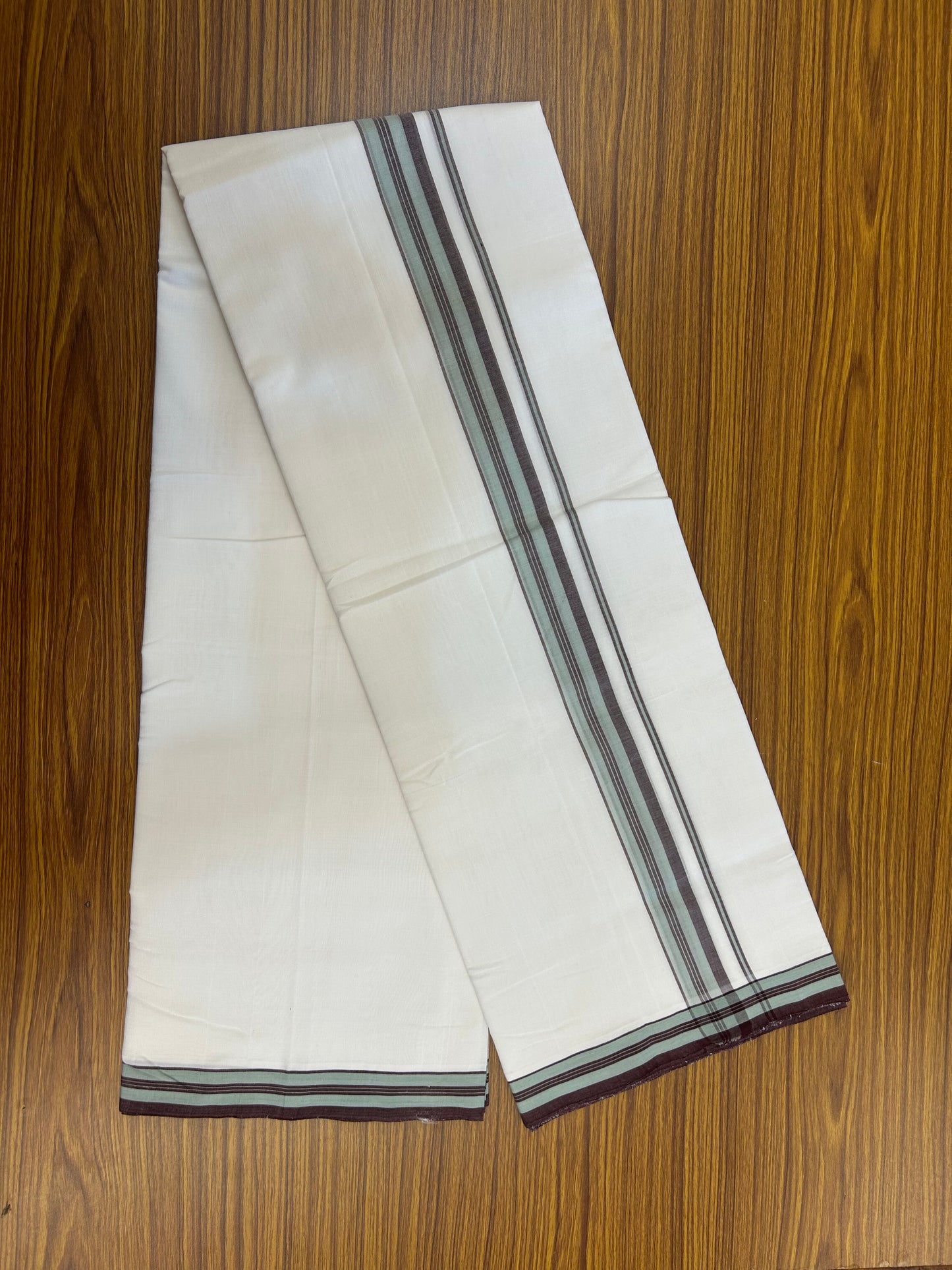 25% Discount!! New Ultra Pure White Thread Handloom - Kerala Handloom - 100% Mercerised Cotton Double Mundu/Dhoti - 120 twisted warp x 80s weft - 1.25 inch Chocolate Brown & Pastel Pista Green Stripes kara 3.80 mtr (8 Muzham) - 74 KK5353 REA