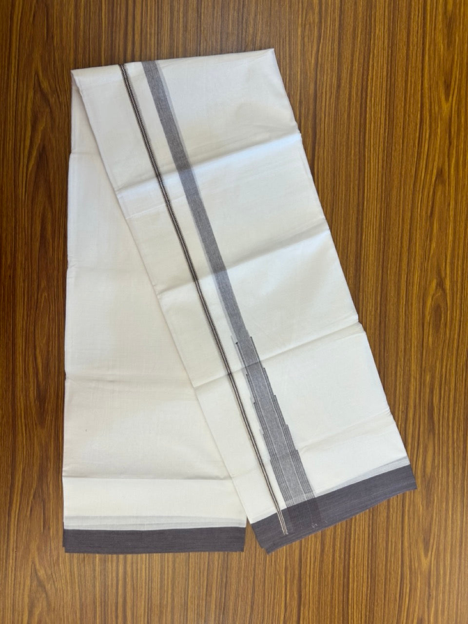 20% Discount ! KaithariKada Balaramapuram 100% Cotton Pure white Double Mundu/Dhoti - (100x80)s - 1.5 inch Silver Kasav & Matte Purple Stripes Chutty Kara 3.90 mtr (8 muzham) - 27 KK5287 PMC