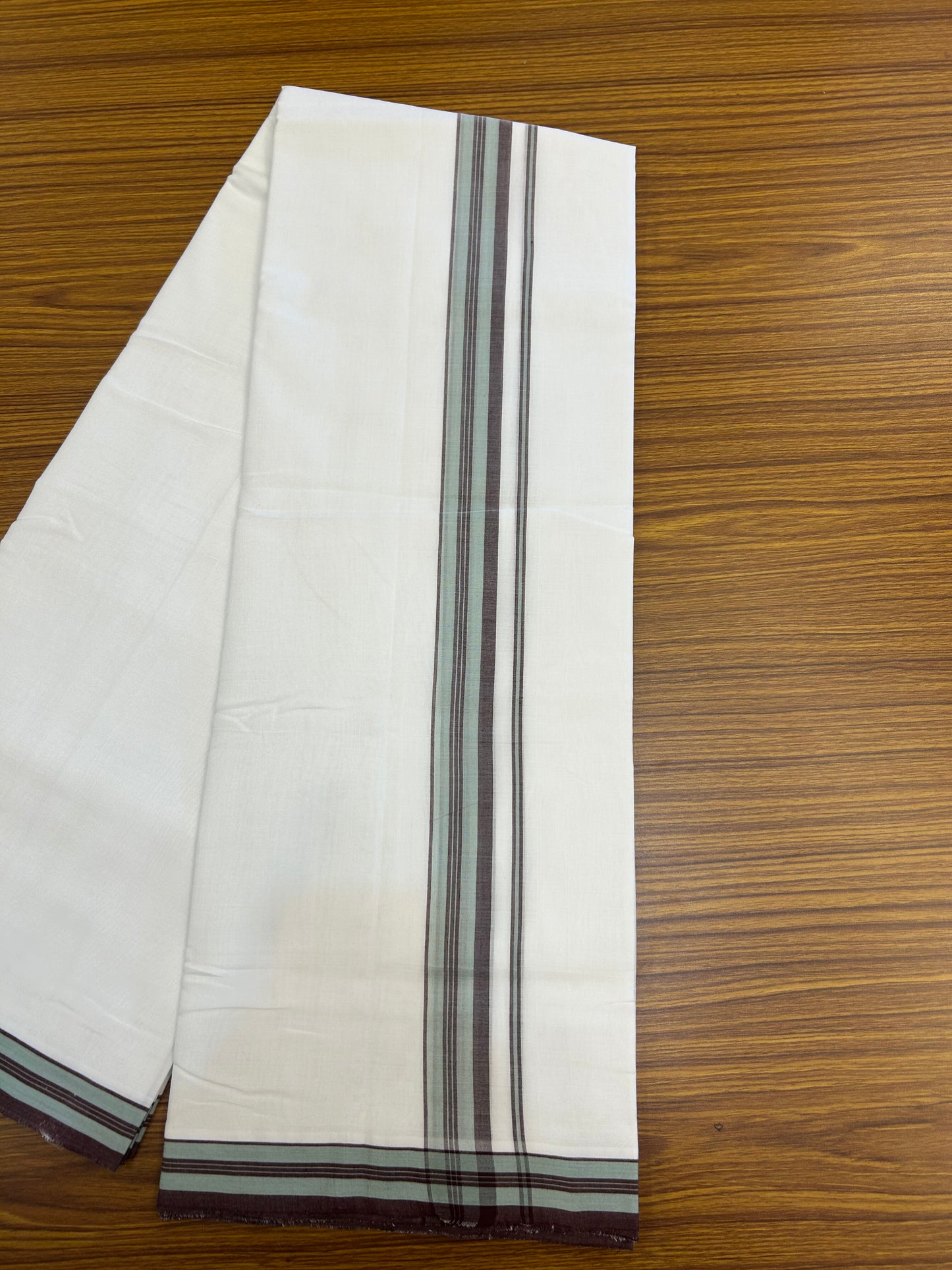 25% Discount!! New Ultra Pure White Thread Handloom - Kerala Handloom - 100% Mercerised Cotton Double Mundu/Dhoti - 120 twisted warp x 80s weft - 1.25 inch Chocolate Brown & Pastel Pista Green Stripes kara 3.80 mtr (8 Muzham) - 74 KK5353 REA