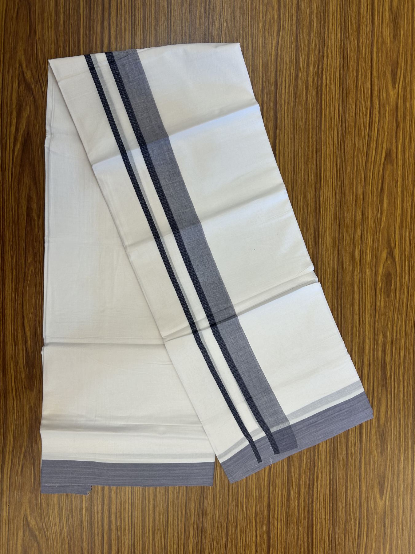 20% Discount! KaithariKada Balaramapuram 100% Cotton Double Pure white Mundu/Dhoti- 100x80 - 1.5 inch Ash Blue shaded kara - 3.75 mtr ( 8 muzham) - 10 KK5323 VAS