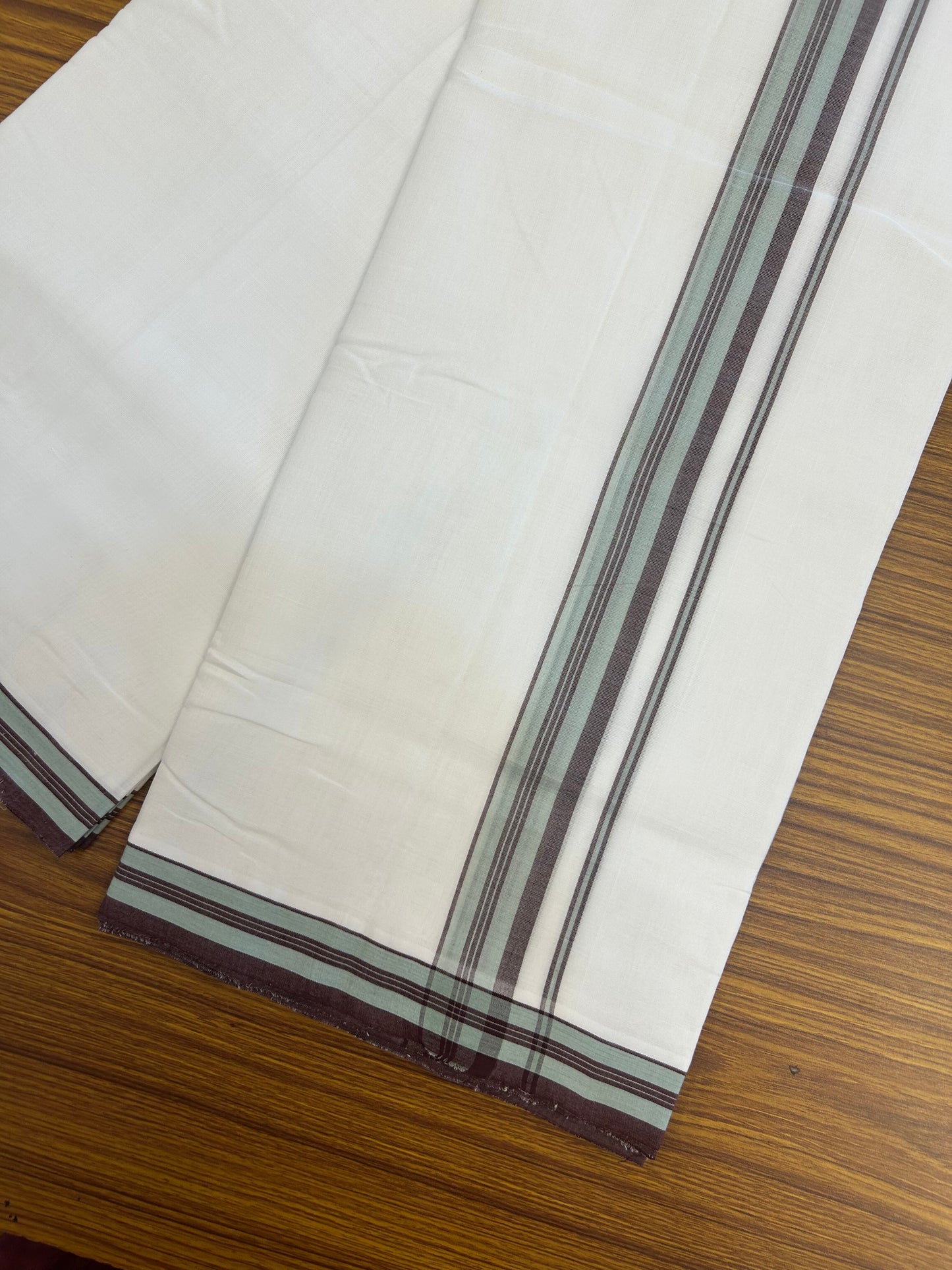 25% Discount!! New Ultra Pure White Thread Handloom - Kerala Handloom - 100% Mercerised Cotton Double Mundu/Dhoti - 120 twisted warp x 80s weft - 1.25 inch Chocolate Brown & Pastel Pista Green Stripes kara 3.80 mtr (8 Muzham) - 74 KK5353 REA