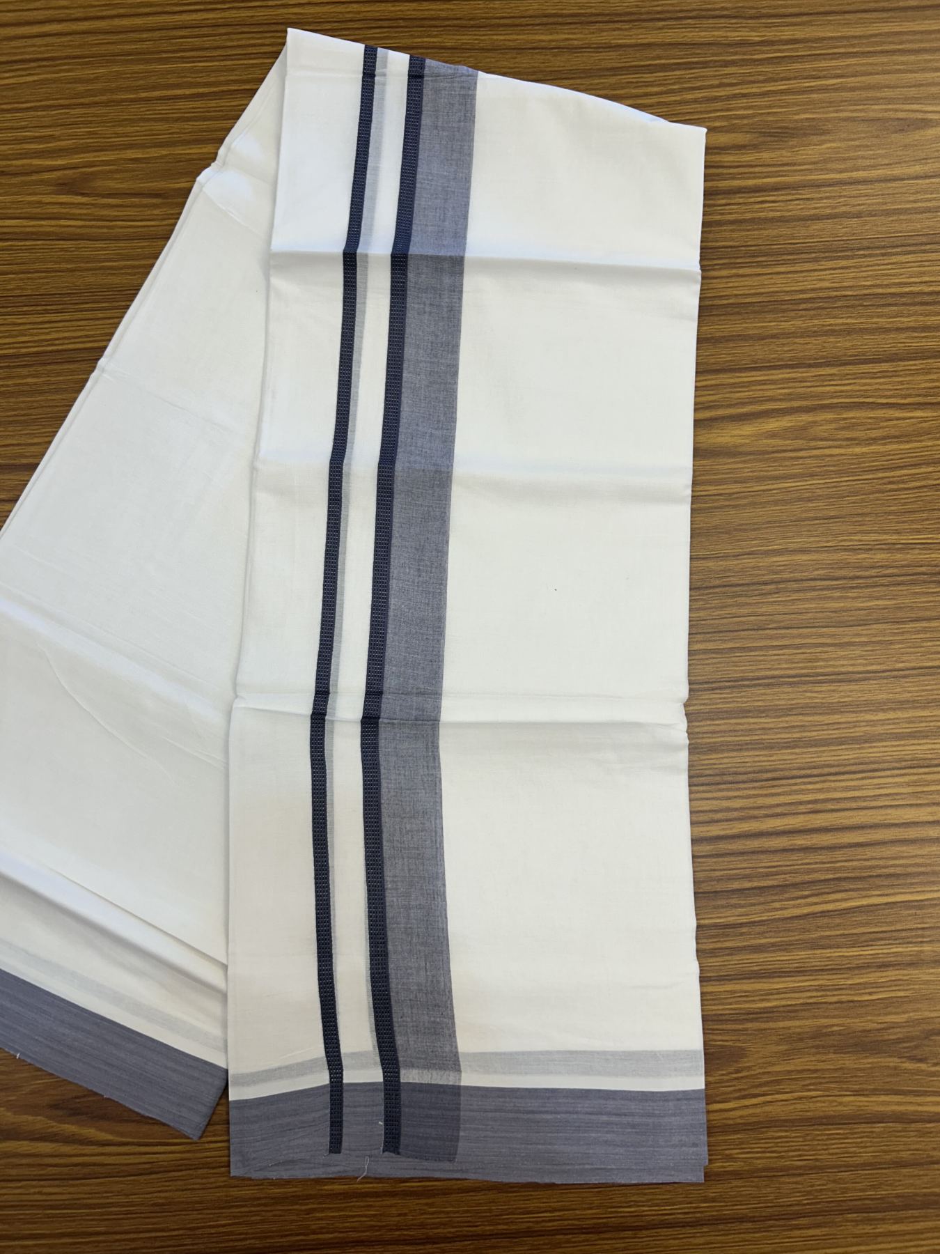 20% Discount! KaithariKada Balaramapuram 100% Cotton Double Pure white Mundu/Dhoti- 100x80 - 1.5 inch Ash Blue shaded kara - 3.75 mtr ( 8 muzham) - 10 KK5323 VAS