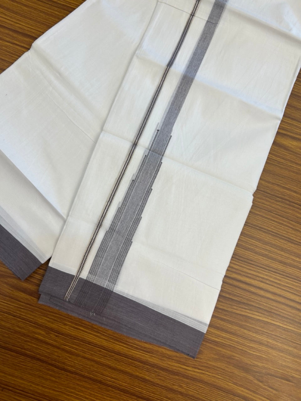 20% Discount ! KaithariKada Balaramapuram 100% Cotton Pure white Double Mundu/Dhoti - (100x80)s - 1.5 inch Silver Kasav & Matte Purple Stripes Chutty Kara 3.90 mtr (8 muzham) - 27 KK5287 PMC