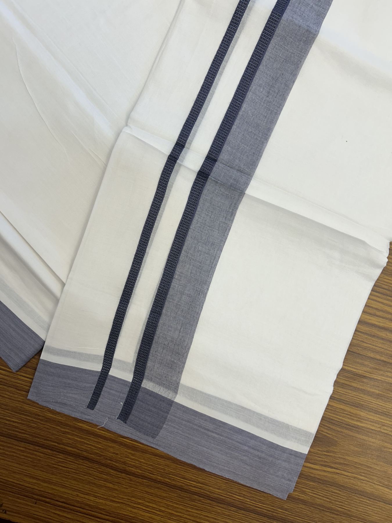 20% Discount! KaithariKada Balaramapuram 100% Cotton Double Pure white Mundu/Dhoti- 100x80 - 1.5 inch Ash Blue shaded kara - 3.75 mtr ( 8 muzham) - 10 KK5323 VAS
