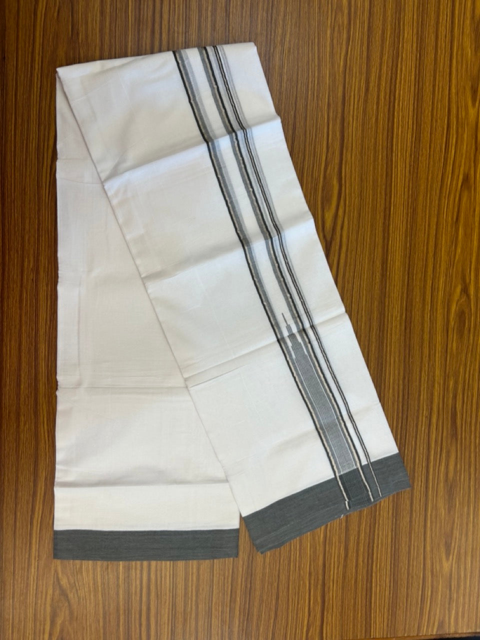 20% Discount ! KaithariKada Balaramapuram 100% Cotton Pure white Double Mundu/Dhoti - (100x80)s - 1.5 inch Silver Kasav & Ash Grey Stripes Chutty Kara 3.90 mtr (8 muzham) - 33 KK5287 PMC