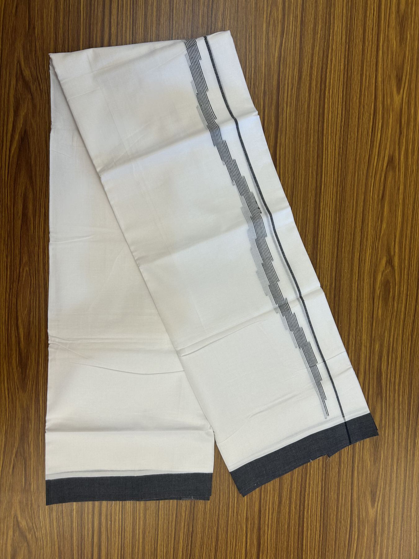 20% Discount ! Kaitharikada Balaramapuram 100% Cotton Pure White Double Mundu/Dothi - 100x80 - 0.75 inch Black Stripes Design Kara 3.80 mtr (8 muzham) - 14 KK5323 THI