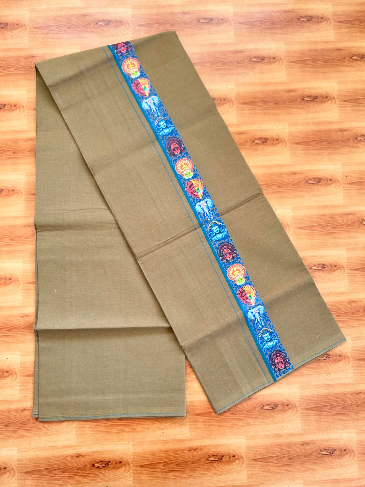 Single Kaily / Lungi- 20% Discount !! Kaitharikada - Pure Cotton - (40s) - 0.5 cm Green Kara Multi Printed Design Kara with Brown colour Body (2 meter / 4 muzham) - 53 KK8062 GAN