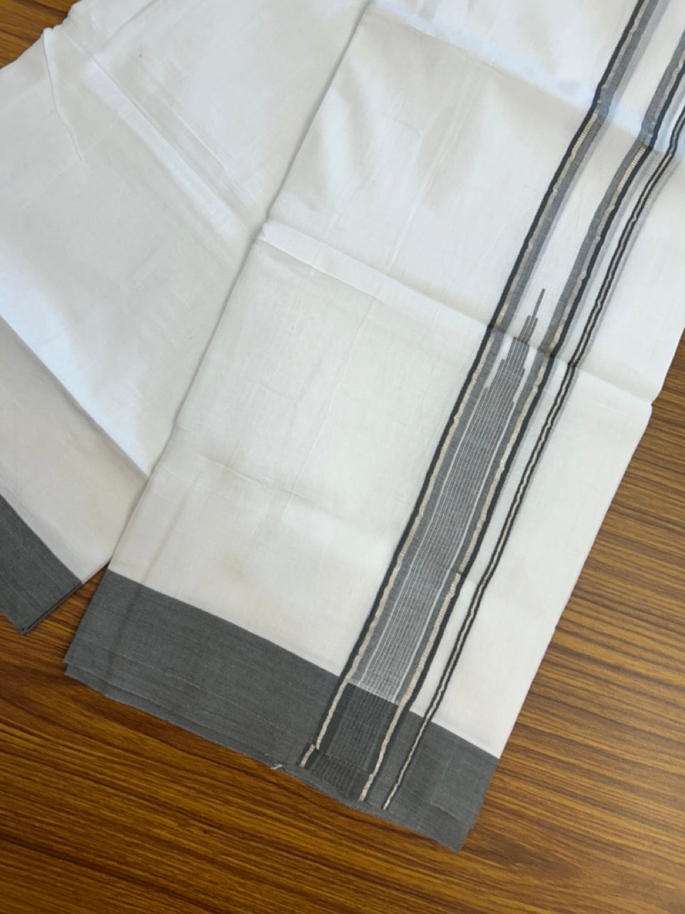 20% Discount ! KaithariKada Balaramapuram 100% Cotton Pure white Double Mundu/Dhoti - (100x80)s - 1.5 inch Silver Kasav & Ash Grey Stripes Chutty Kara 3.90 mtr (8 muzham) - 33 KK5287 PMC