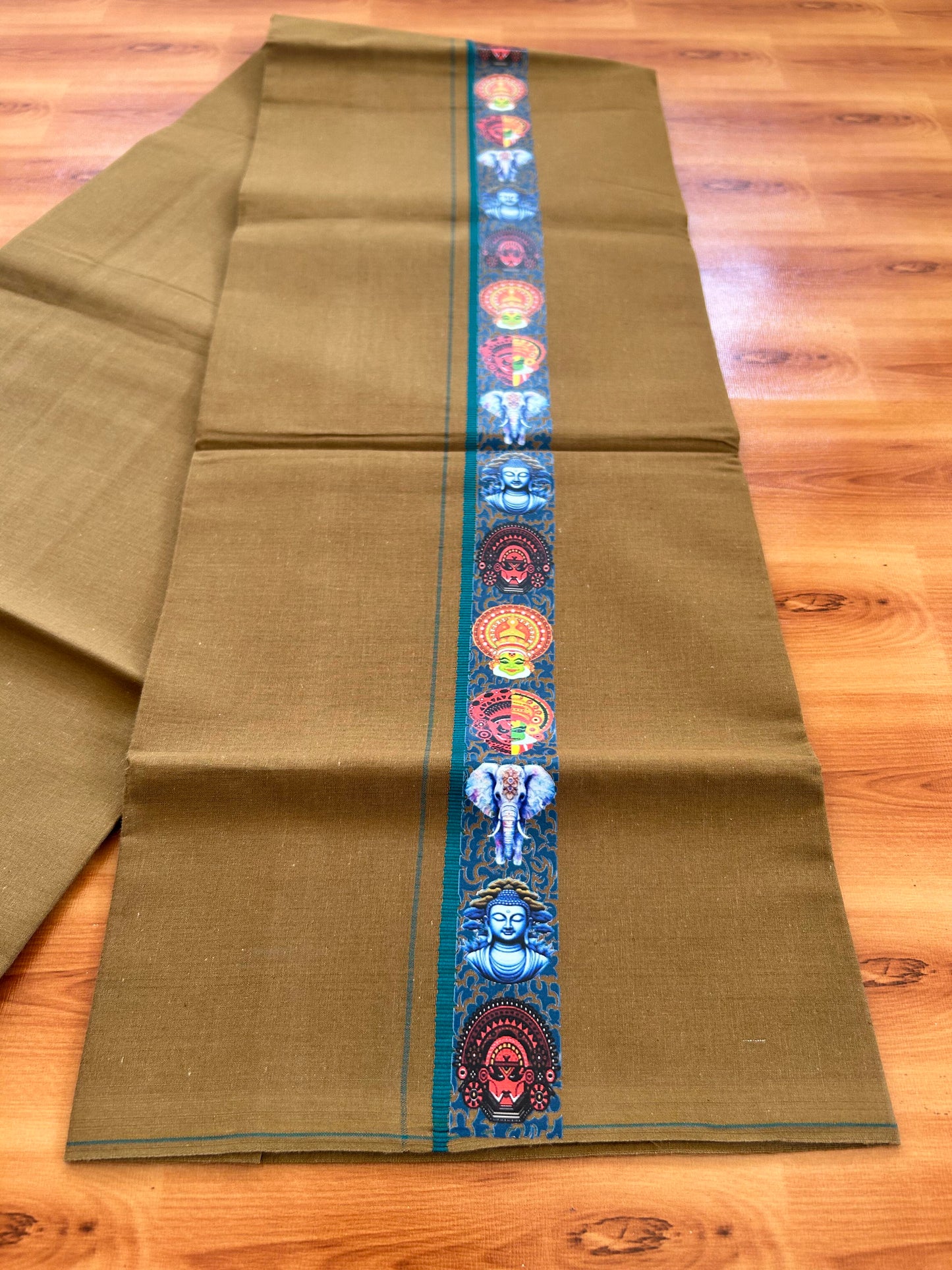Single Kaily / Lungi- 20% Discount !! Kaitharikada - Pure Cotton - (40s) - 0.5 cm Green Kara Multi Printed Design Kara with Brown colour Body (2 meter / 4 muzham) - 53 KK8062 GAN