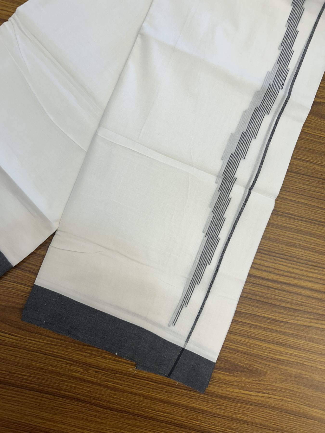20% Discount ! Kaitharikada Balaramapuram 100% Cotton Pure White Double Mundu/Dothi - 100x80 - 0.75 inch Black Stripes Design Kara 3.80 mtr (8 muzham) - 14 KK5323 THI