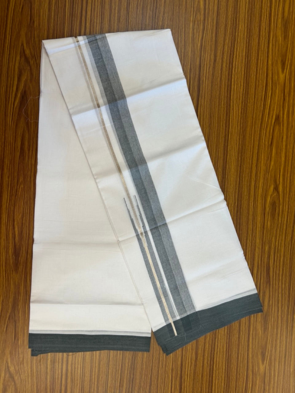 20% Discount ! KaithariKada Balaramapuram 100% Cotton Pure white Double Mundu/Dhoti - (100x80)s - 1.5 inch Silver Kasav & Dark Ash Stripes Chutty Kara 3.90 mtr (8 muzham) - 30 KK5287 PMC