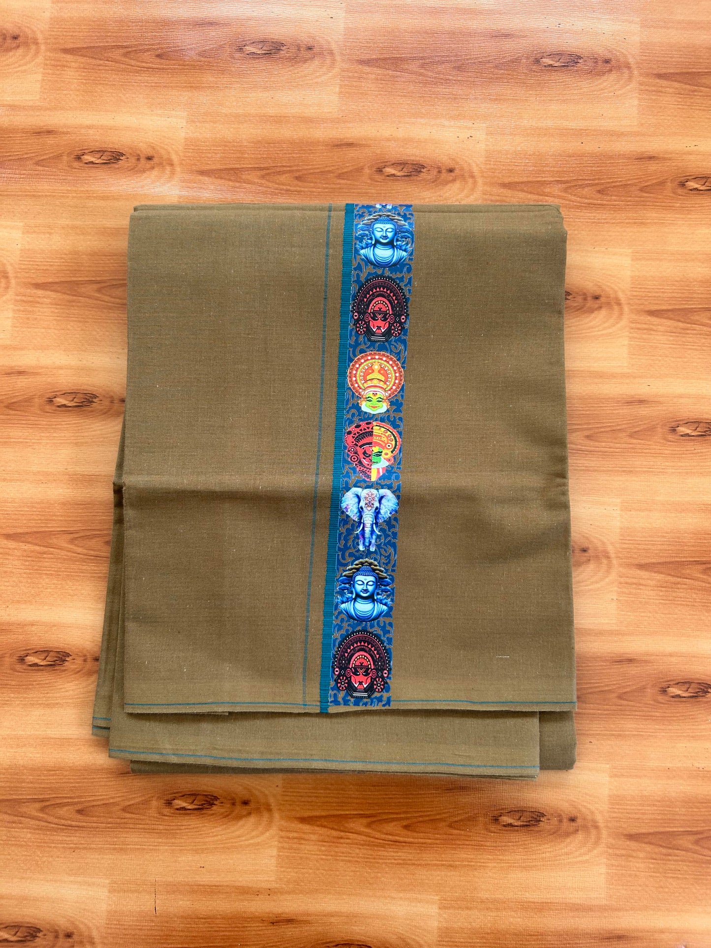 Single Kaily / Lungi- 20% Discount !! Kaitharikada - Pure Cotton - (40s) - 0.5 cm Green Kara Multi Printed Design Kara with Brown colour Body (2 meter / 4 muzham) - 53 KK8062 GAN