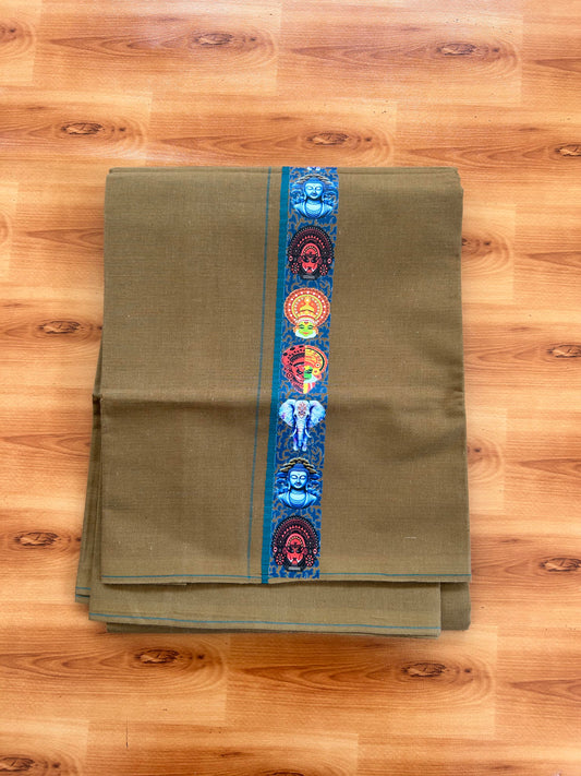 Single Kaily / Lungi- 20% Discount !! Kaitharikada - Pure Cotton - (40s) - 0.5 cm Green Kara Multi Printed Design Kara with Brown colour Body (2 meter / 4 muzham) - 53 KK8062 GAN