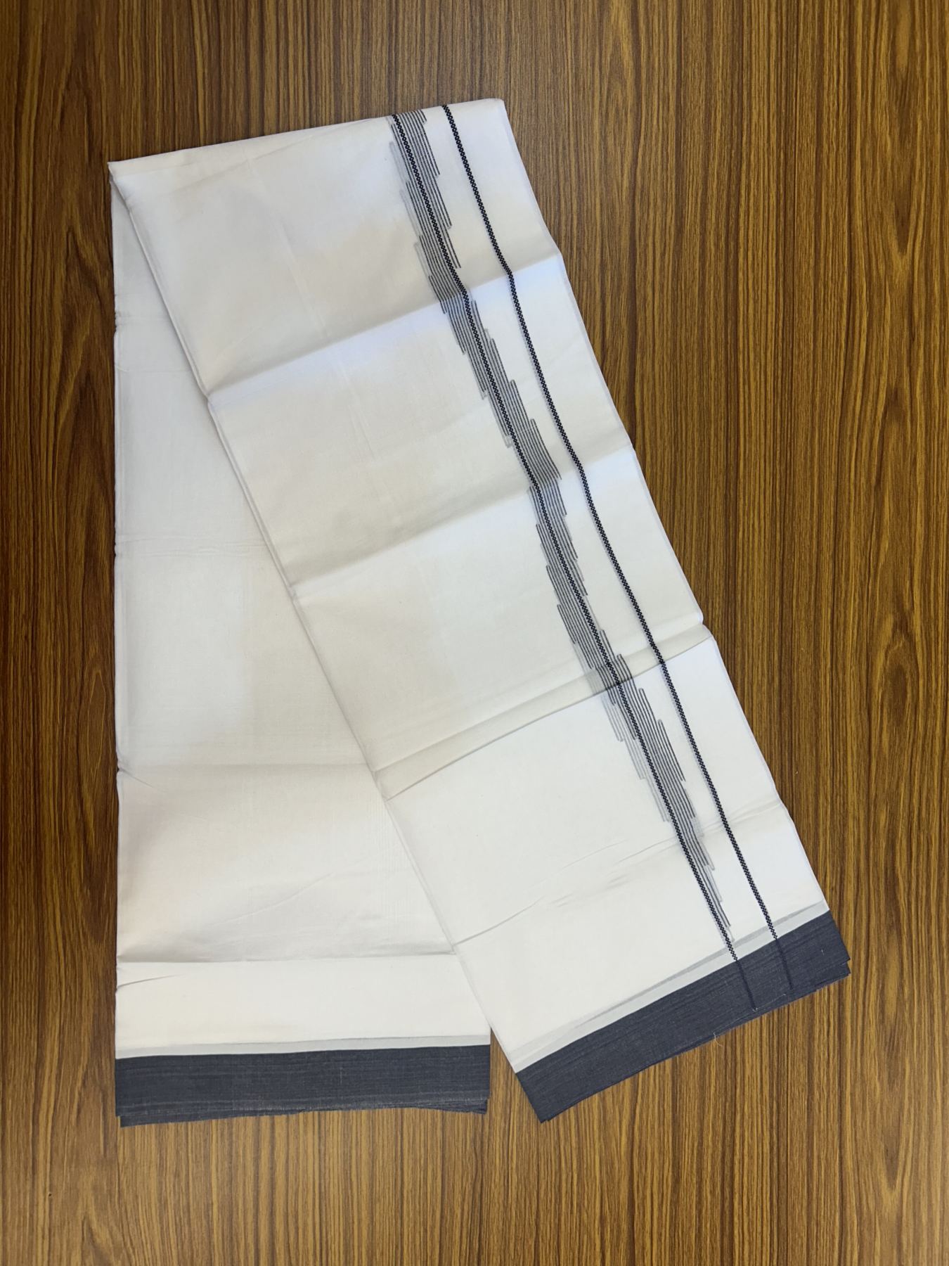 20% Discount ! Kaitharikada Balaramapuram 100% Cotton Pure White Double Mundu/Dothi - 100x80 - 0.75 inch Ash Blue Jacquard Stripes Design Kara 3.80 mtr (8 muzham) - 15 KK5323 THI