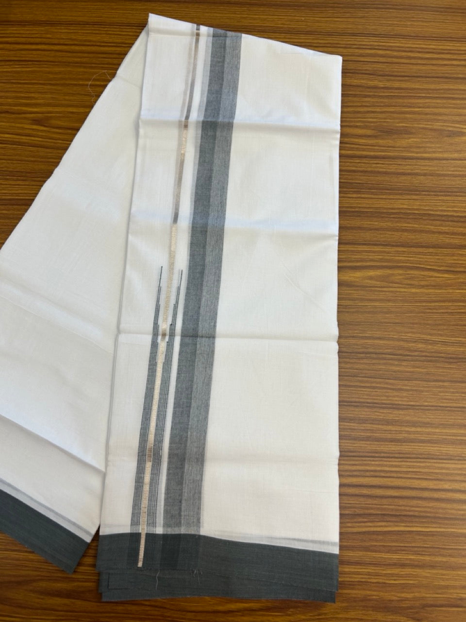 20% Discount ! KaithariKada Balaramapuram 100% Cotton Pure white Double Mundu/Dhoti - (100x80)s - 1.5 inch Silver Kasav & Dark Ash Stripes Chutty Kara 3.90 mtr (8 muzham) - 30 KK5287 PMC